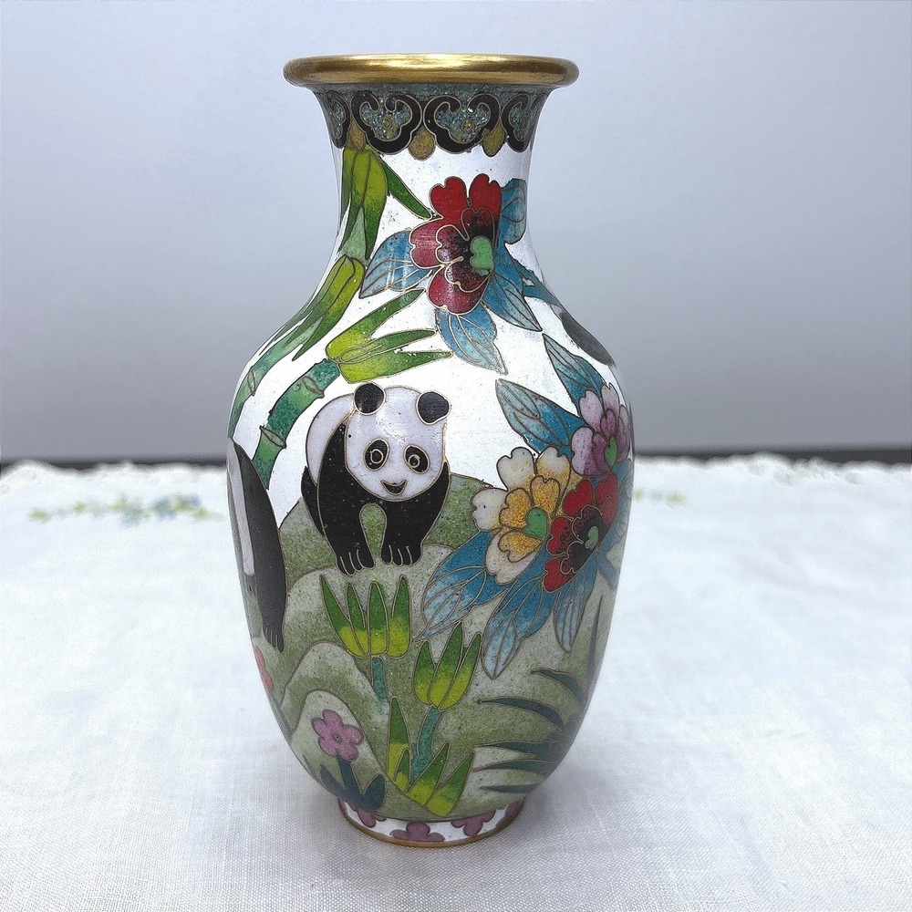 Vintage Chinese Cloisonne Enamel Panda Vase Bamboo Floral Brass Rims White 5in